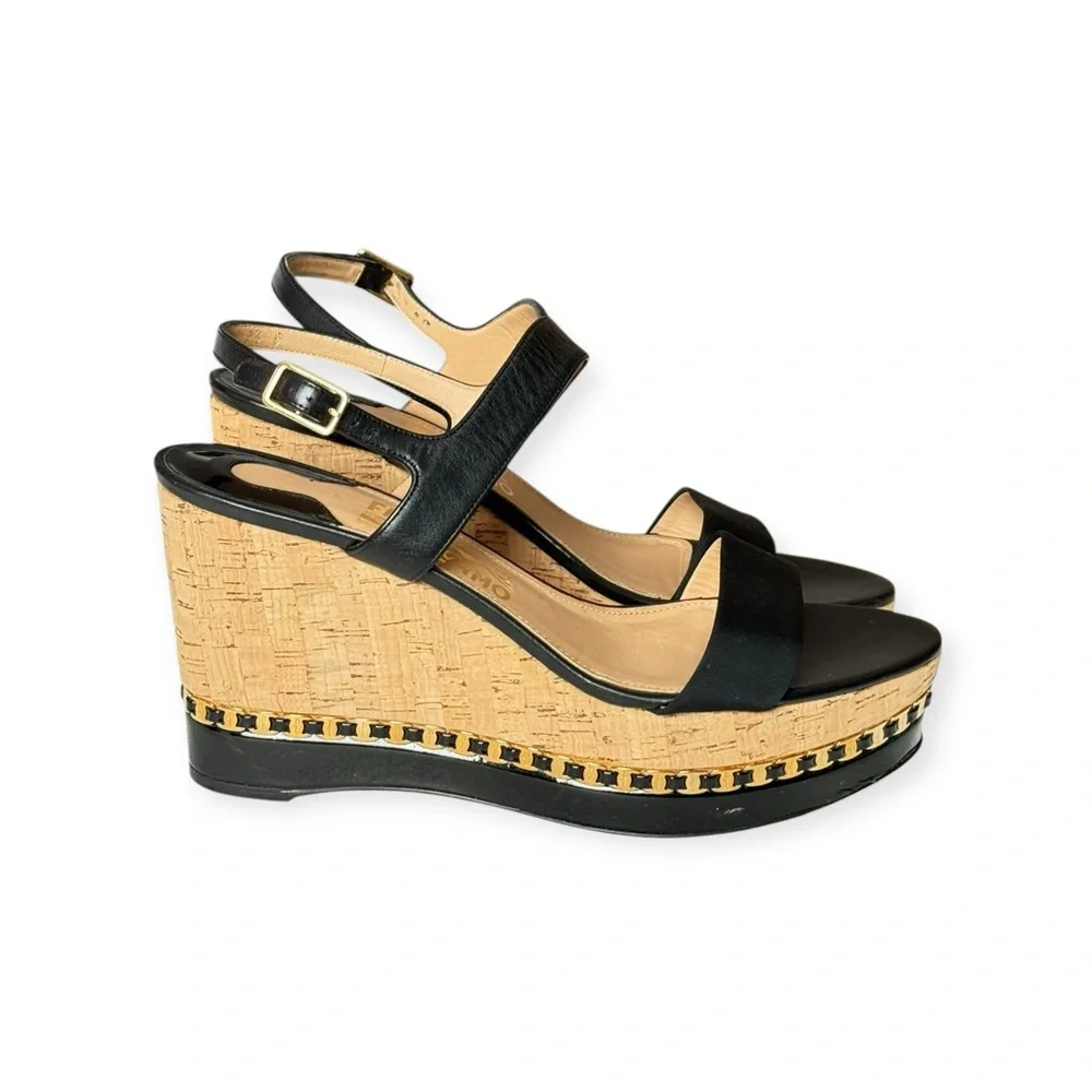 Salvatore Ferragamo ꔘ Mollie Chain Platform Wedge Sandals ꔘ Black Leather ꔘ 9.5B